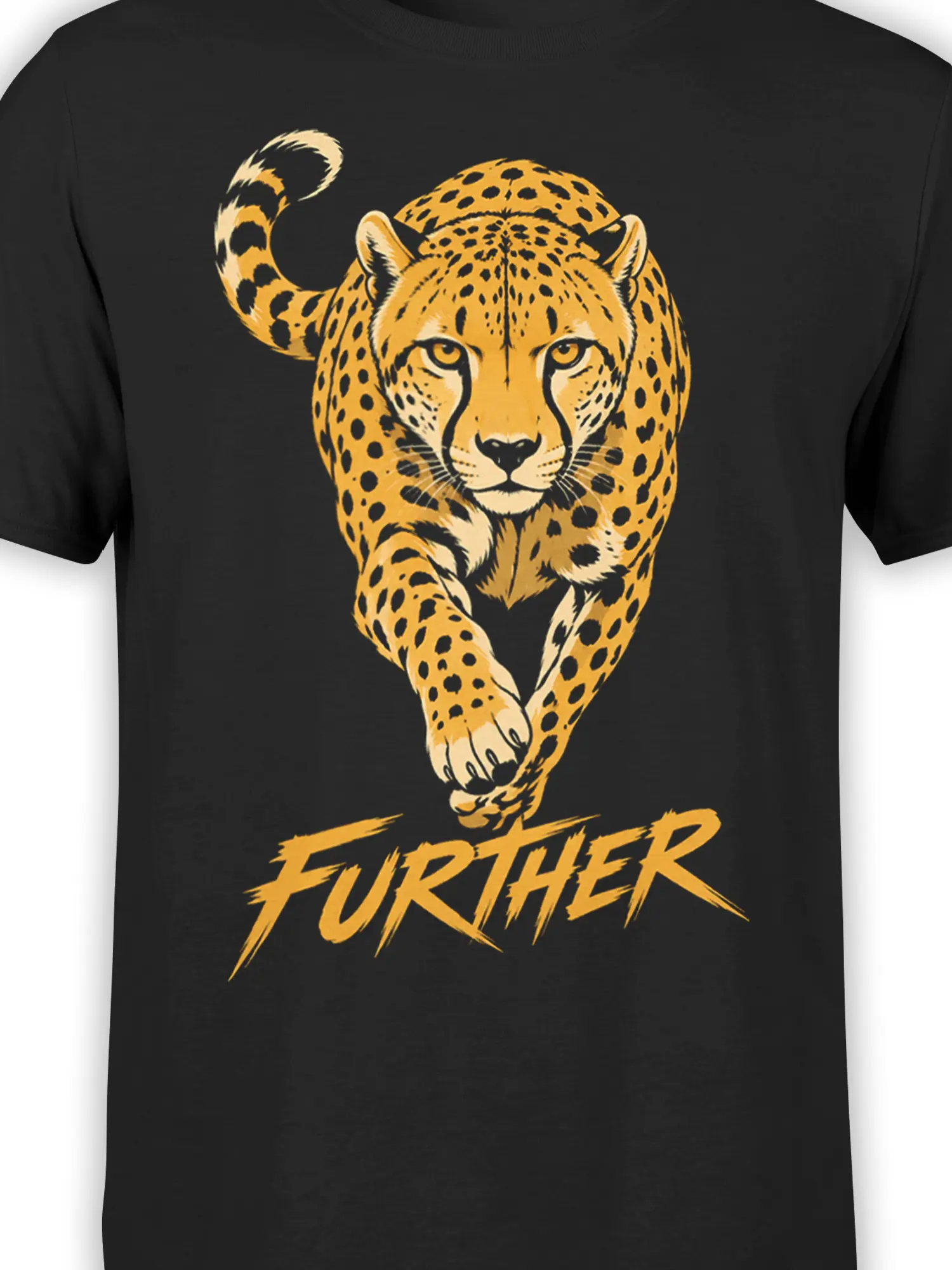 Close-up of golden leopard artwork and sharp “FURTHER” lettering printed on a black graphic T-shirt