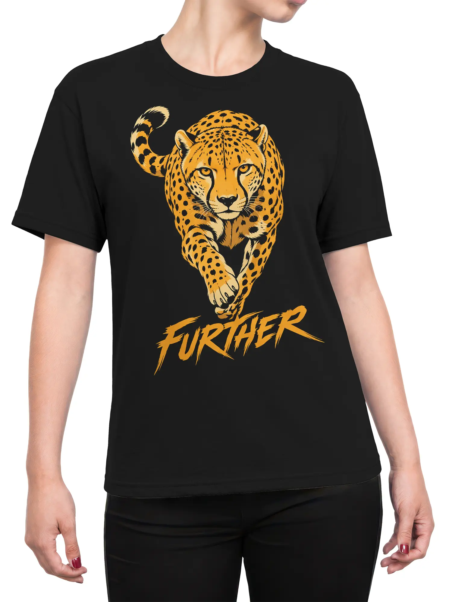 Female torso wearing a black leopard graphic T-shirt with golden artwork and “FURTHER” lettering
