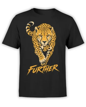 Black T-shirt with a golden spotted leopard charging forward above bold “FURTHER” lettering