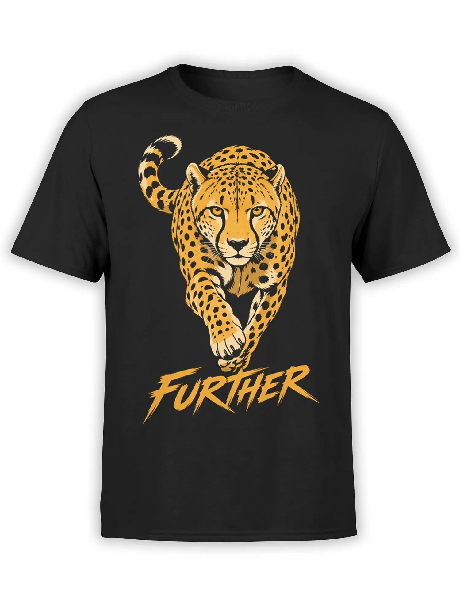 Black T-shirt with a golden spotted leopard charging forward above bold “FURTHER” lettering