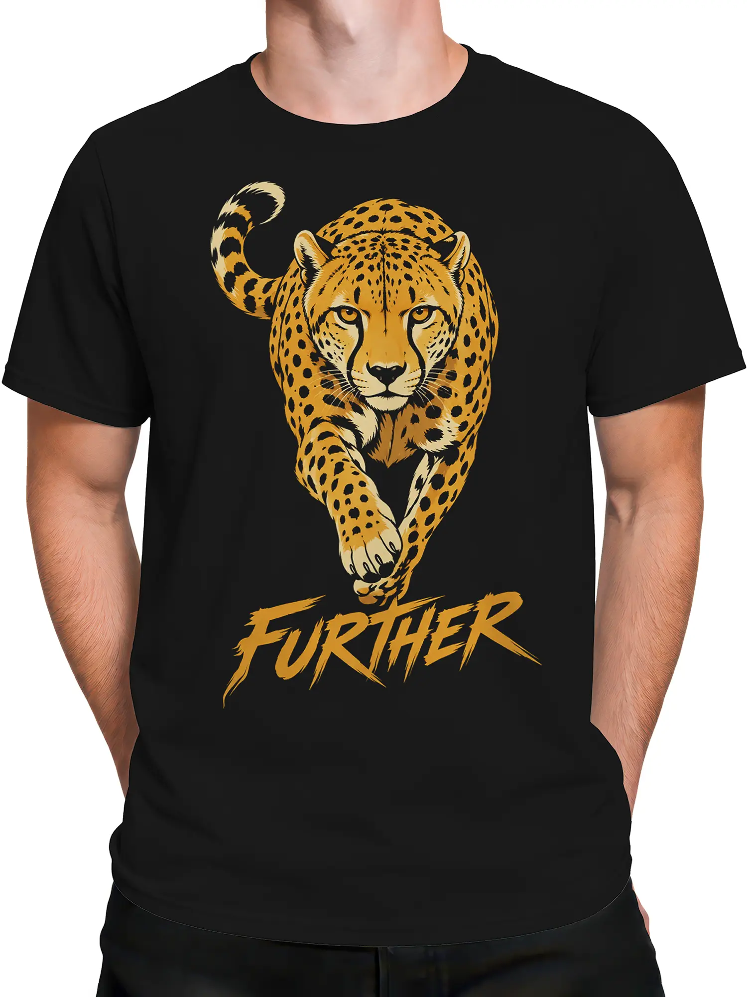 Male torso wearing a black T-shirt with a bold golden leopard and “FURTHER” graphic