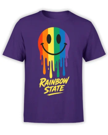 Purple T-shirt with a colorful smiling rainbow face, dripping stripes, and bold yellow “RAINBOW STATE” lettering