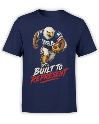 Fierce bald eagle football design with a ball and “Built to Represent” text on a navy T-shirt