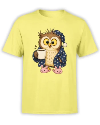 Wide-eyed coffee owl in polka-dot pajamas and bunny slippers on a yellow graphic T-shirt