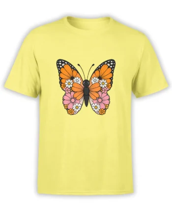 Yellow T-shirt with a colorful butterfly design featuring orange wings and pink, white, and orange flowers