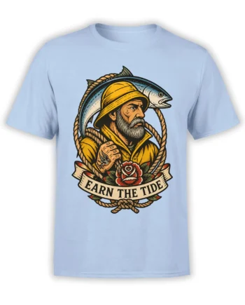 Light blue fisherman T-shirt with bearded sailor, large fish, rope border, and EARN THE TIDE banner