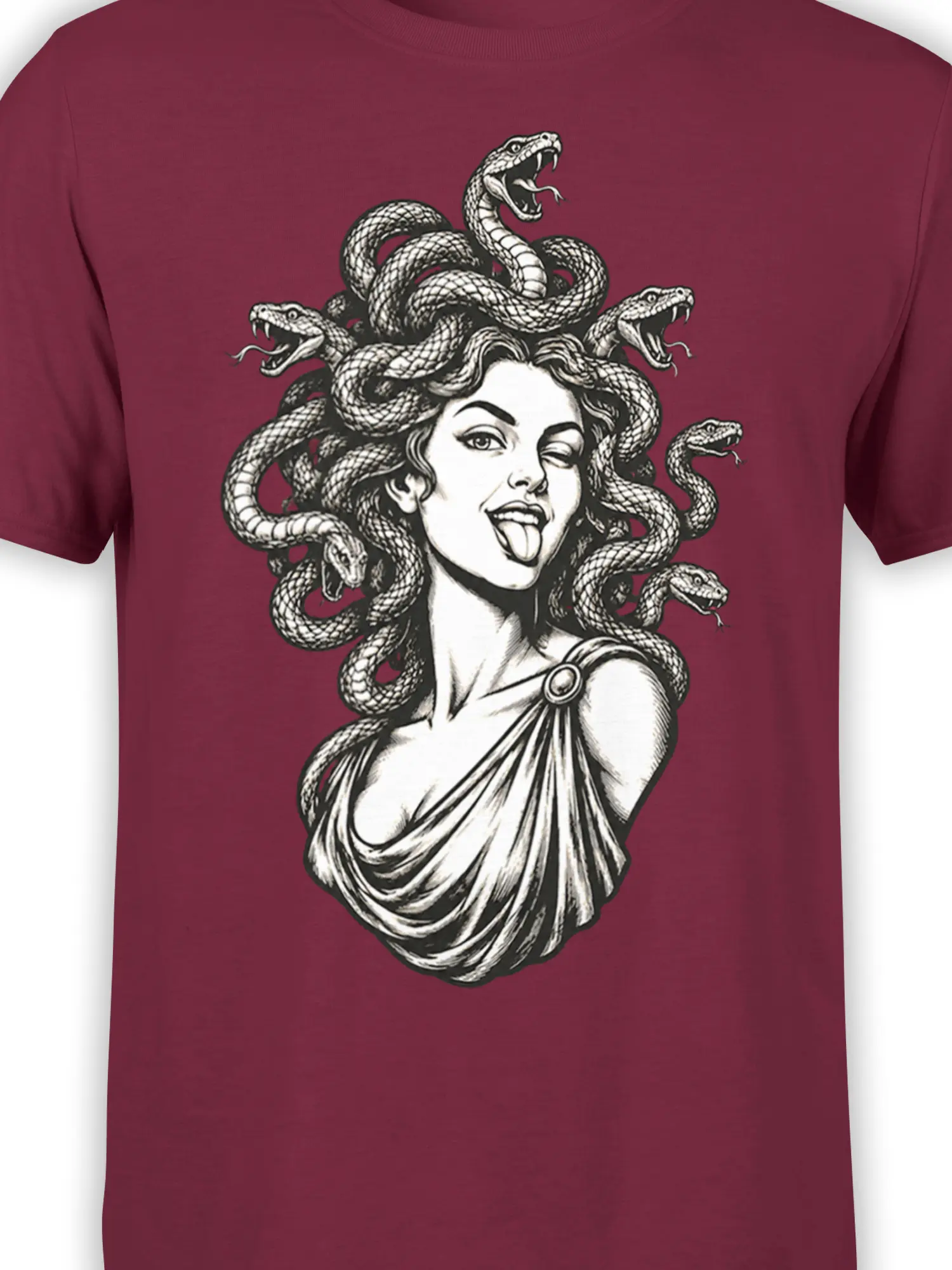 Close-up of the serpent-haired woman and detailed snake artwork on a burgundy Medusa T-shirt