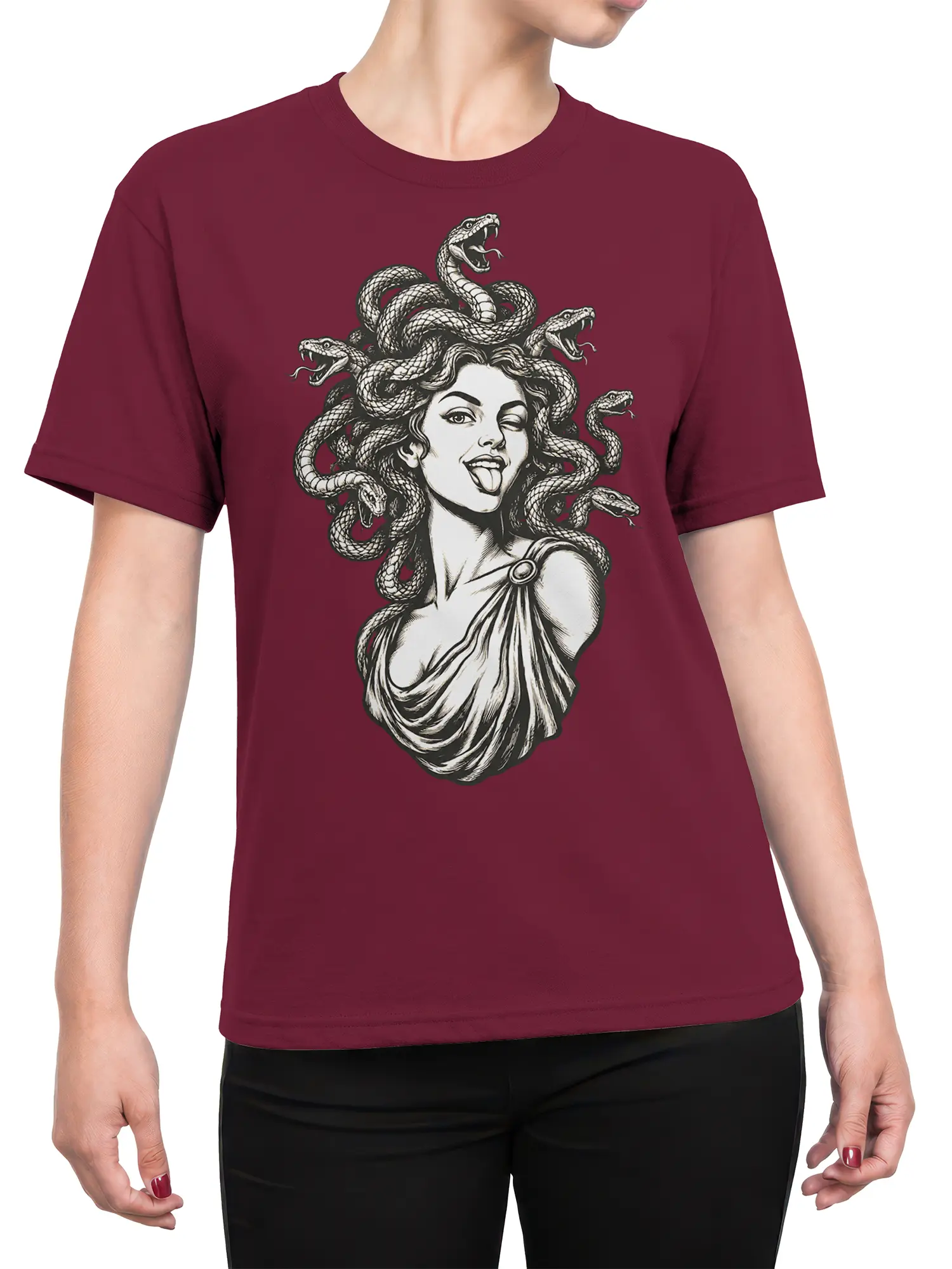Female torso wearing a burgundy Medusa T-shirt with a winking serpent-haired woman graphic