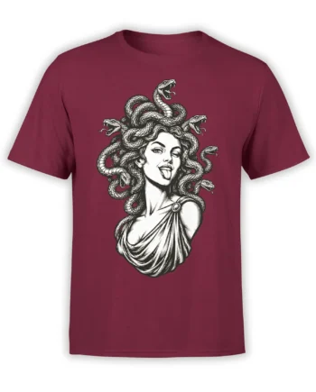 Medusa-inspired woman with snakes around her head on a burgundy graphic T-shirt