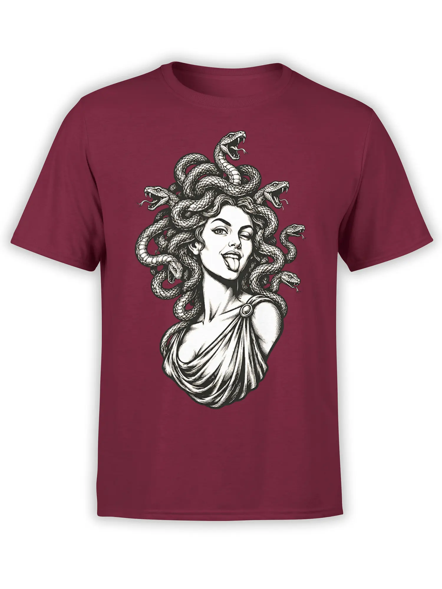 Medusa-inspired woman with snakes around her head on a burgundy graphic T-shirt