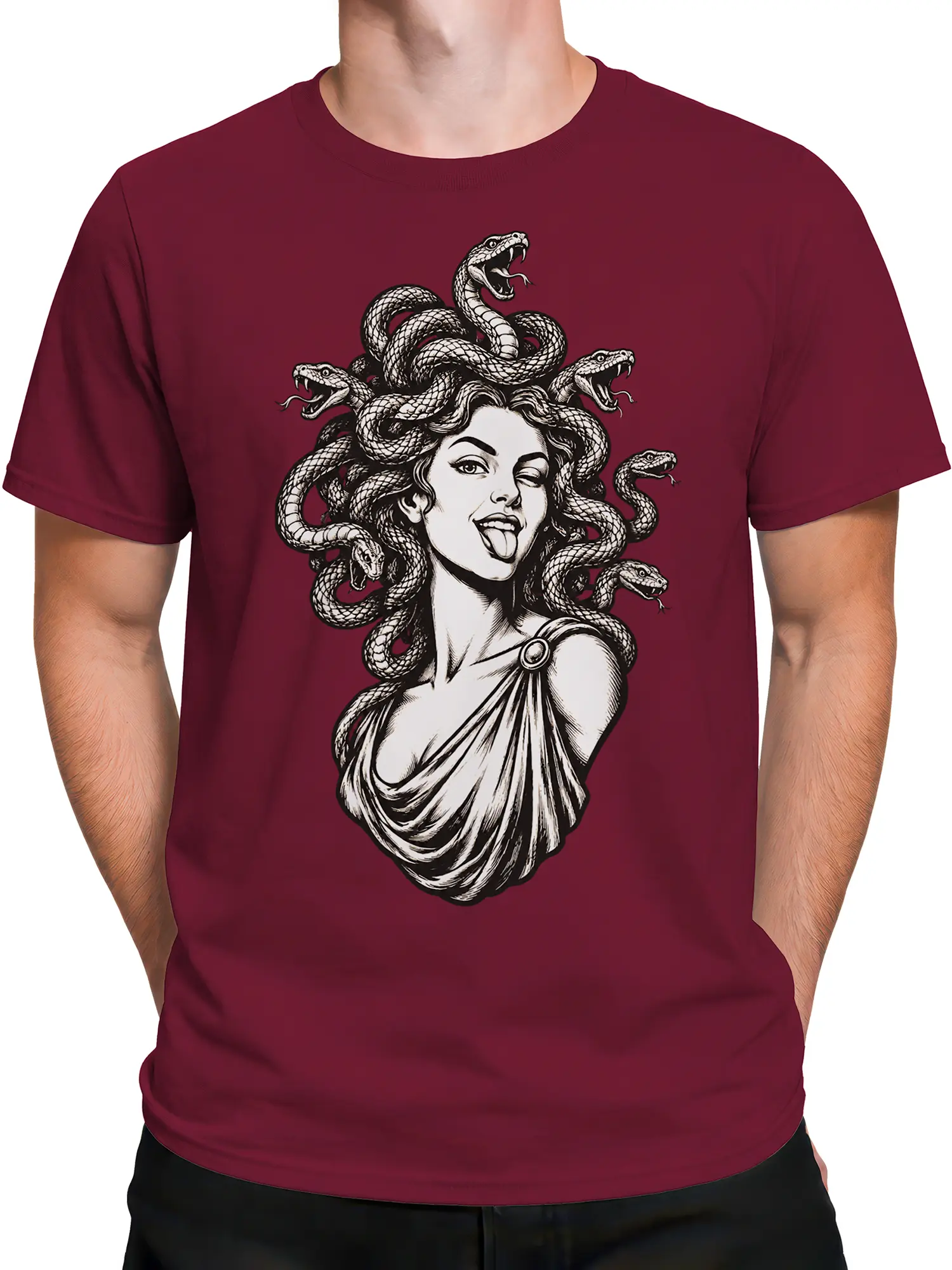 Male torso wearing a burgundy Medusa T-shirt with a vintage snake woman graphic