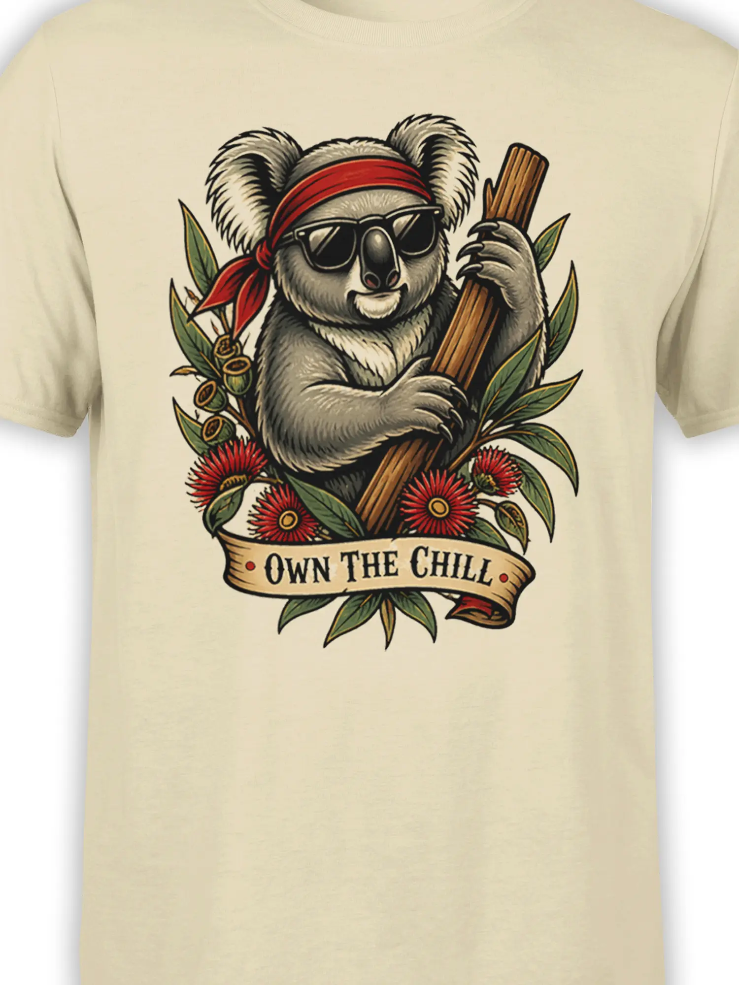 Close-up of the koala graphic on a beige shirt with sunglasses, red headband, branch, flowers, and leaves