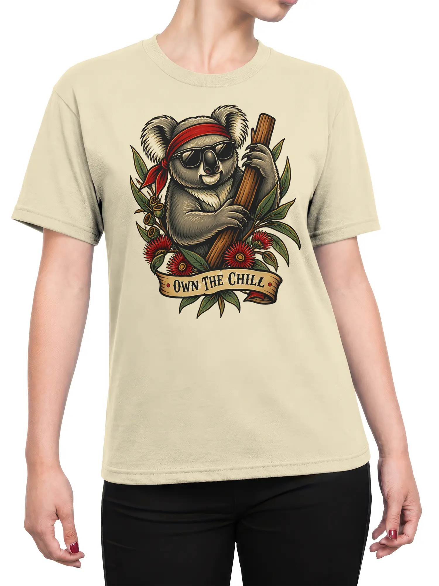 Female torso wearing a beige T-shirt with a relaxed sunglasses koala and Own the Chill graphic