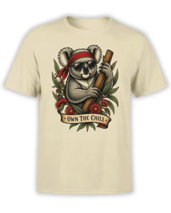 Beige T-shirt featuring a relaxed koala in sunglasses, a red headband, flowers, leaves, and an Own the Chill banner