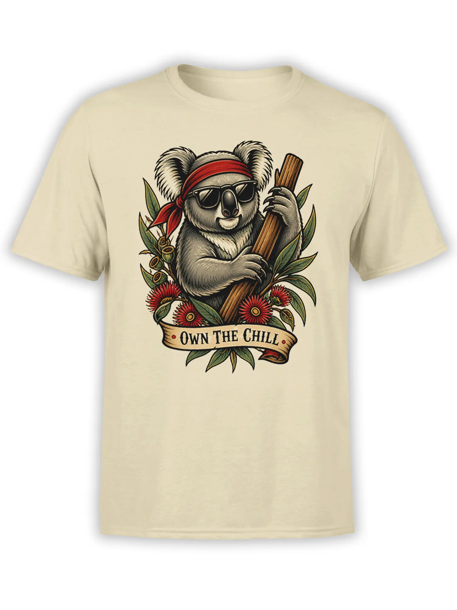 Beige T-shirt featuring a relaxed koala in sunglasses, a red headband, flowers, leaves, and an Own the Chill banner