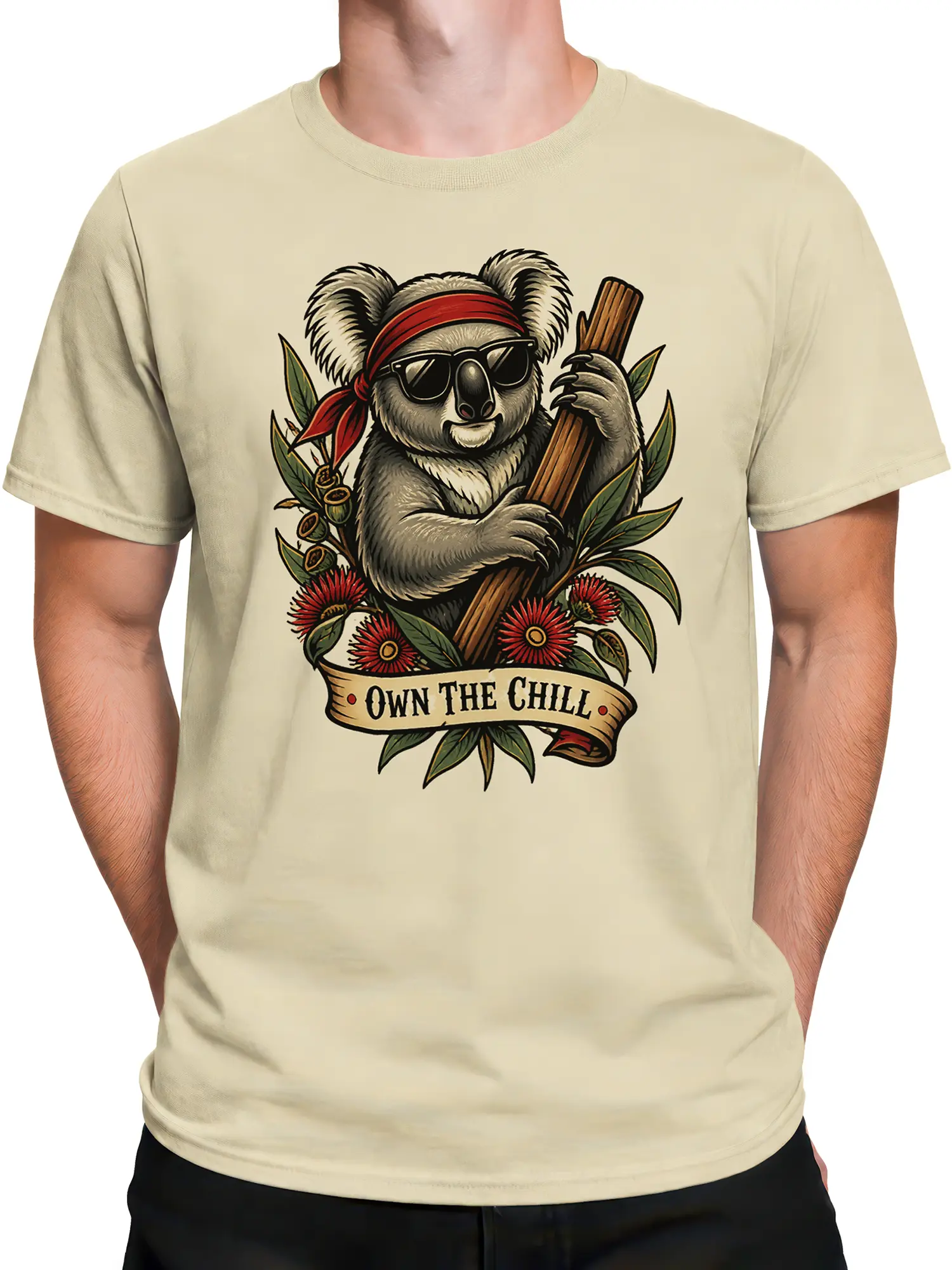 Male torso wearing a beige koala graphic T-shirt with sunglasses, flowers, and an Own the Chill banner