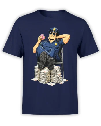 Relaxed police officer in navy uniform holding a pink-frosted donut on a navy graphic T-shirt