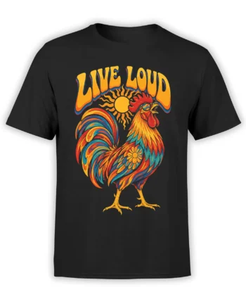 Colorful rooster LIVE LOUD graphic on a black T-shirt with sun and bright retro feather details