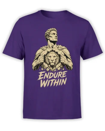 Purple stoic lion warrior T-shirt with Endure Within lettering and classical strength artwork