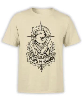 Vintage dog graphic tee in beige with a compass, bandana, laurel leaves, and “Paws Forward” banner