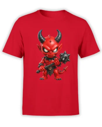 Red T-shirt with a horned monster holding a spiked mace and wearing skull and black armor details