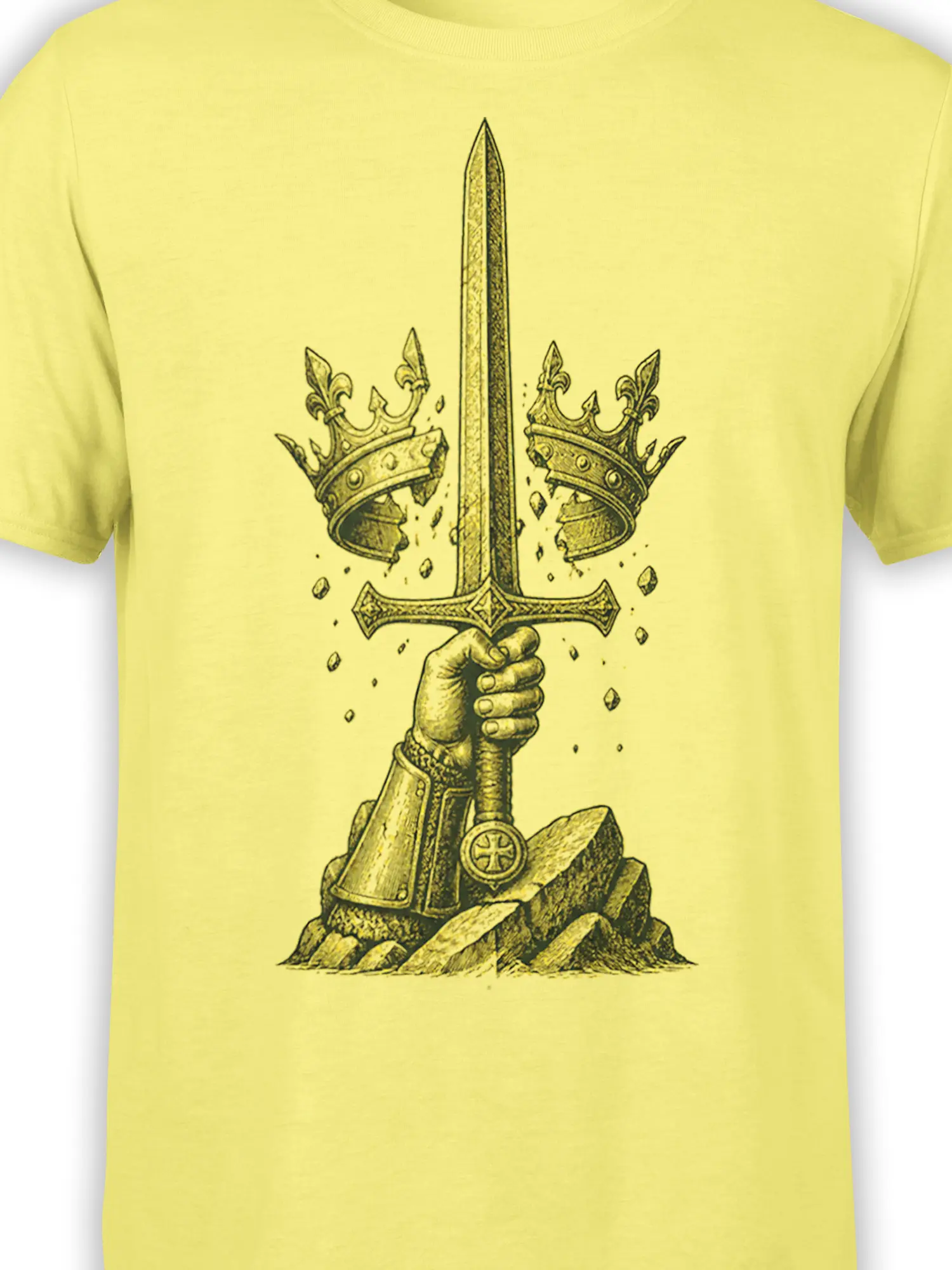 Close-up of the medieval sword, gloved hand, and broken crown artwork on a yellow T-shirt