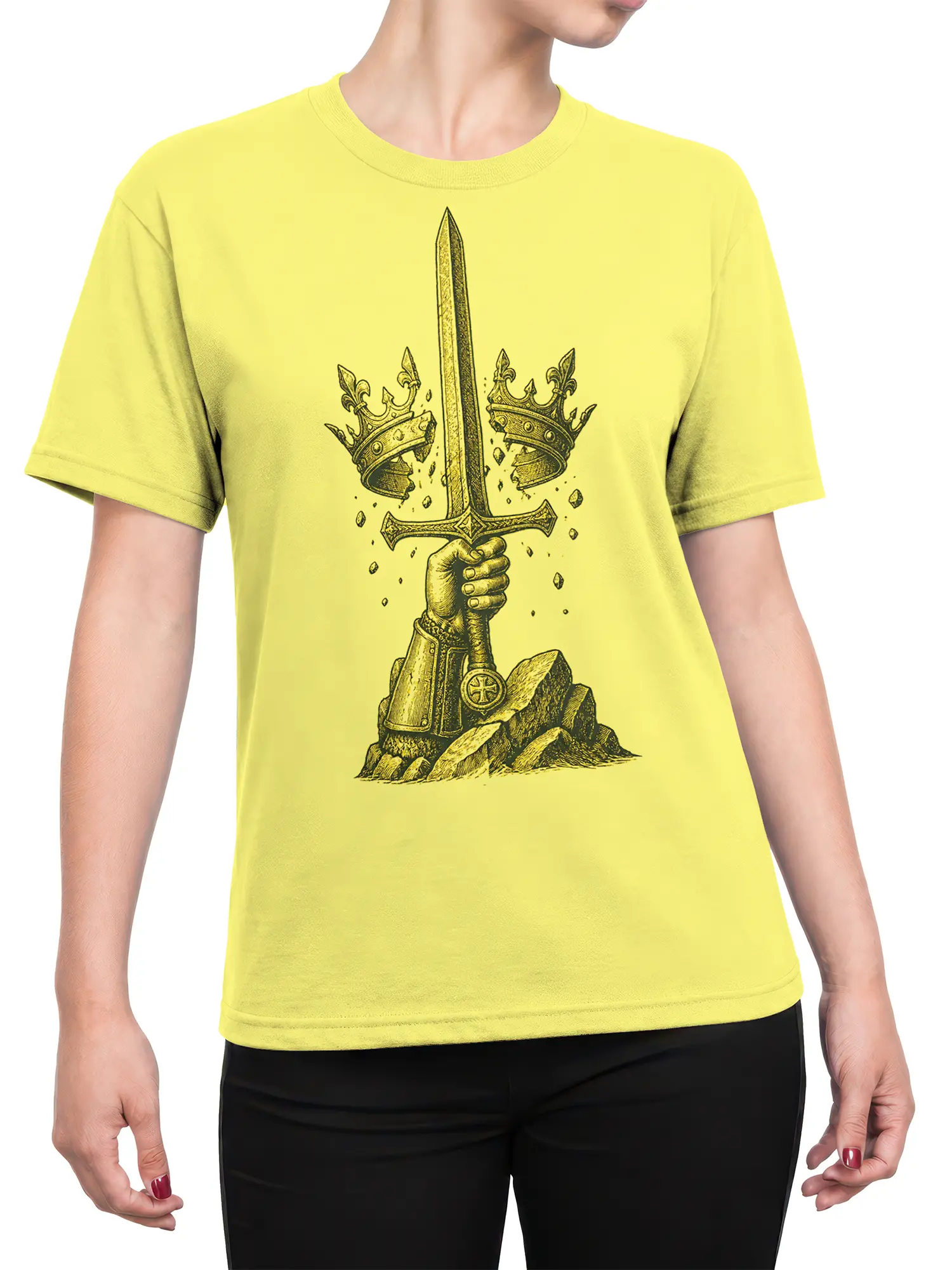 Female torso wearing a yellow T-shirt with a medieval sword and broken crown graphic