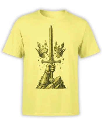 Medieval sword held by a gloved hand with broken crowns on a yellow graphic T-shirt