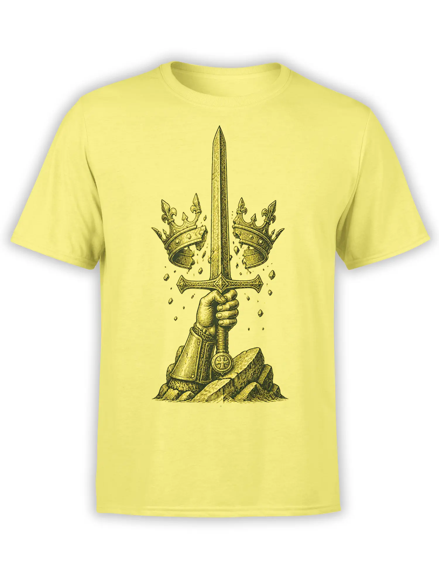 Medieval sword held by a gloved hand with broken crowns on a yellow graphic T-shirt