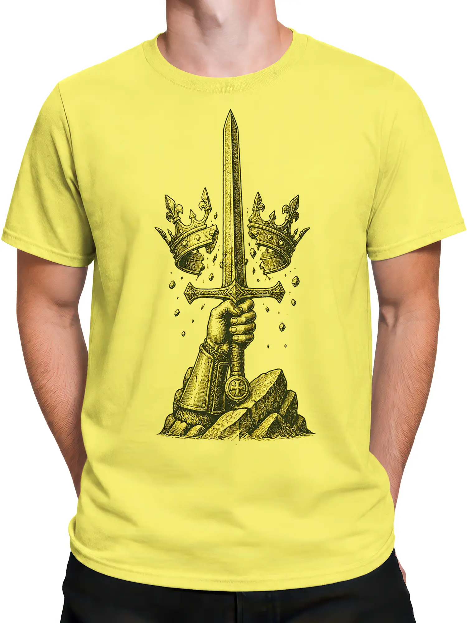 Male torso wearing a yellow T-shirt with a medieval sword and broken crown design