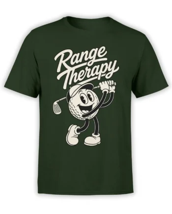Range Therapy golf T-shirt in dark green with a cheerful cartoon golf ball swinging a club