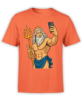 Orange Neptune T-shirt featuring a bearded sea god with a golden trident and smartphone selfie