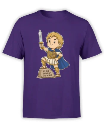 Purple T-shirt with cartoon Alexander the Great holding a sword beside a stone marked “TO THE ENDS OF THE WORLD”