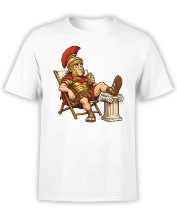 White T-shirt with a relaxed Roman soldier in armor, red plume, chair, cup, and classical column