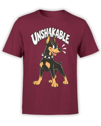 Unshakable black-and-tan guard dog graphic with spiked collar on a burgundy T-shirt