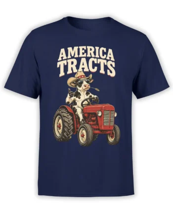 Vintage cow driving a red tractor with America Tractors lettering on a navy graphic T-shirt