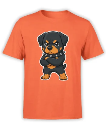 Orange T-shirt with a stern black-and-tan Rottweiler wearing a spiked collar and crossing its arms
