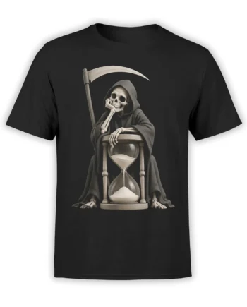 Black T-shirt with a hooded grim reaper skeleton, hourglass, and scythe in a monochrome graphic