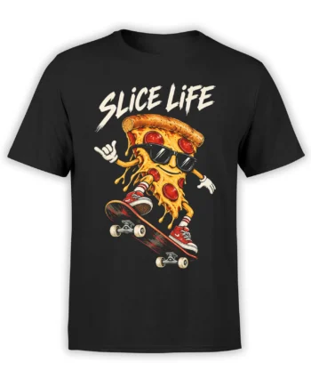 Black T-shirt with a sunglasses-wearing pizza slice skateboarding under bold “SLICE LIFE” lettering
