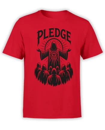 Red fantasy T-shirt with black hooded figure, eye symbol, followers, and PLEDGE graphic