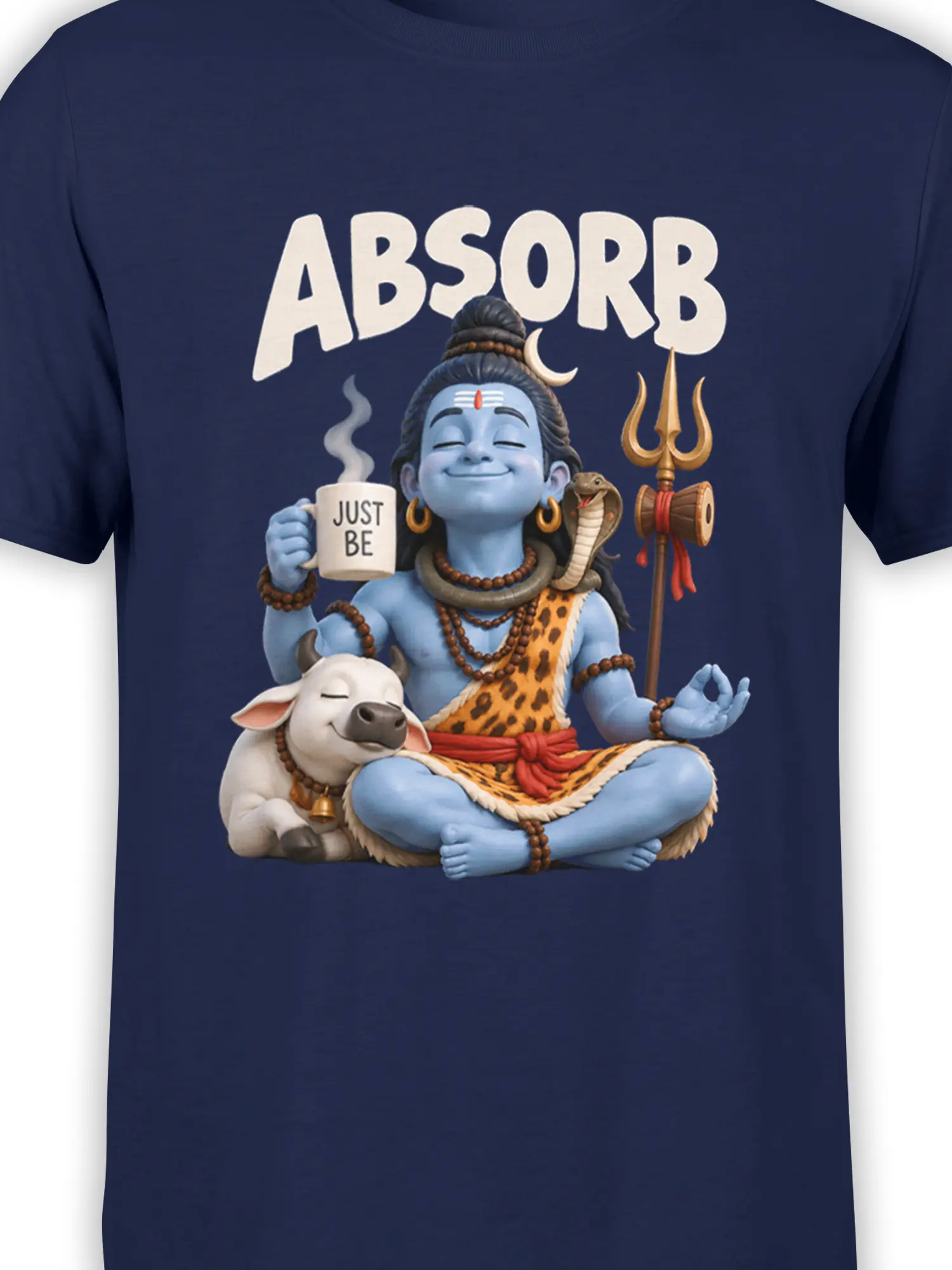Close-up of the navy Shiva graphic showing the meditating deity, trident, snake, cow, and “JUST BE” mug