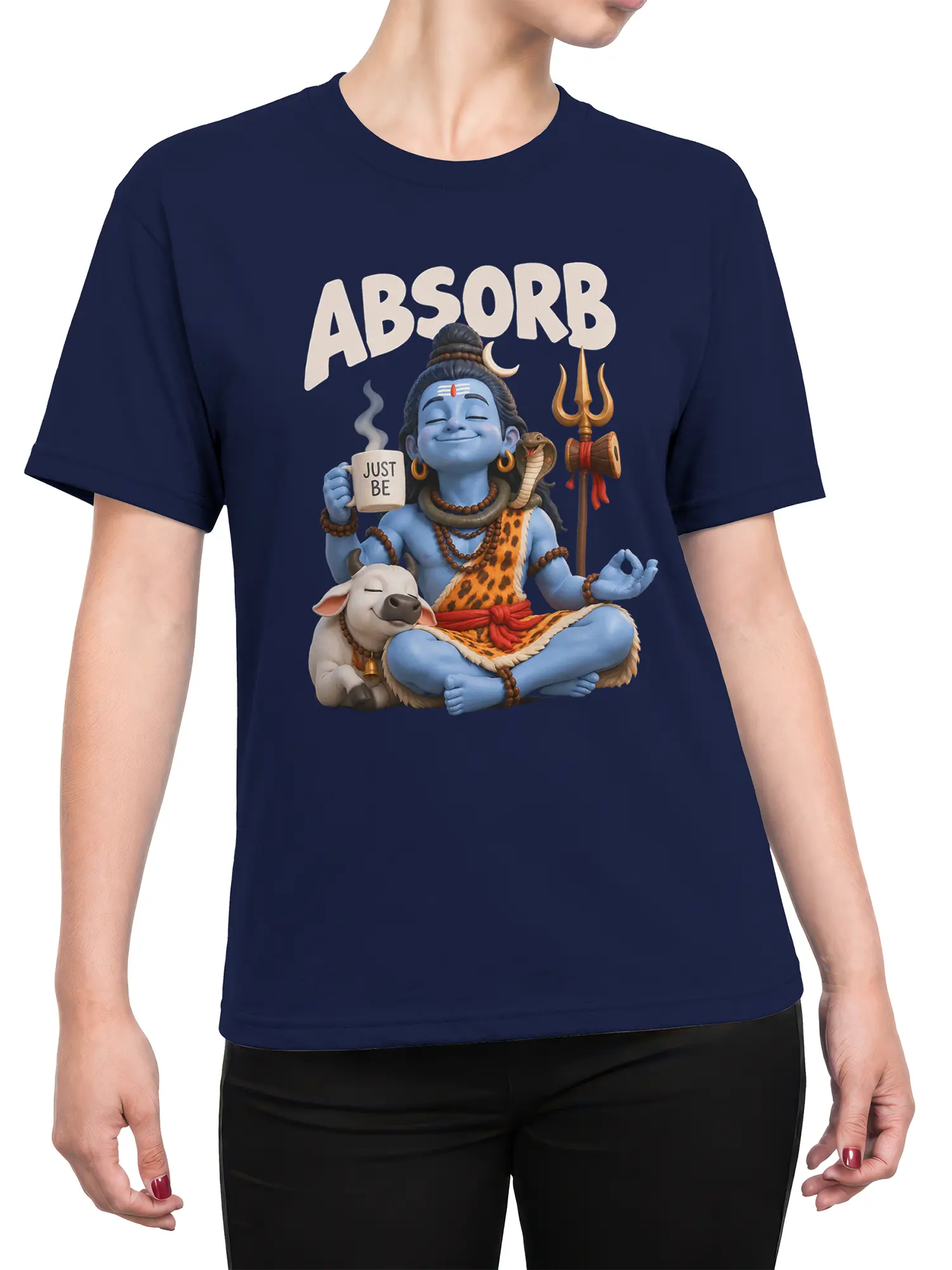 Female torso wearing a navy Shiva meditation T-shirt with a peaceful deity, sacred symbols, cow, and “ABSORB” design
