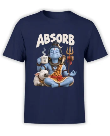 Front view of a navy Shiva meditation T-shirt with a peaceful blue deity, cow, trident, and “ABSORB” lettering
