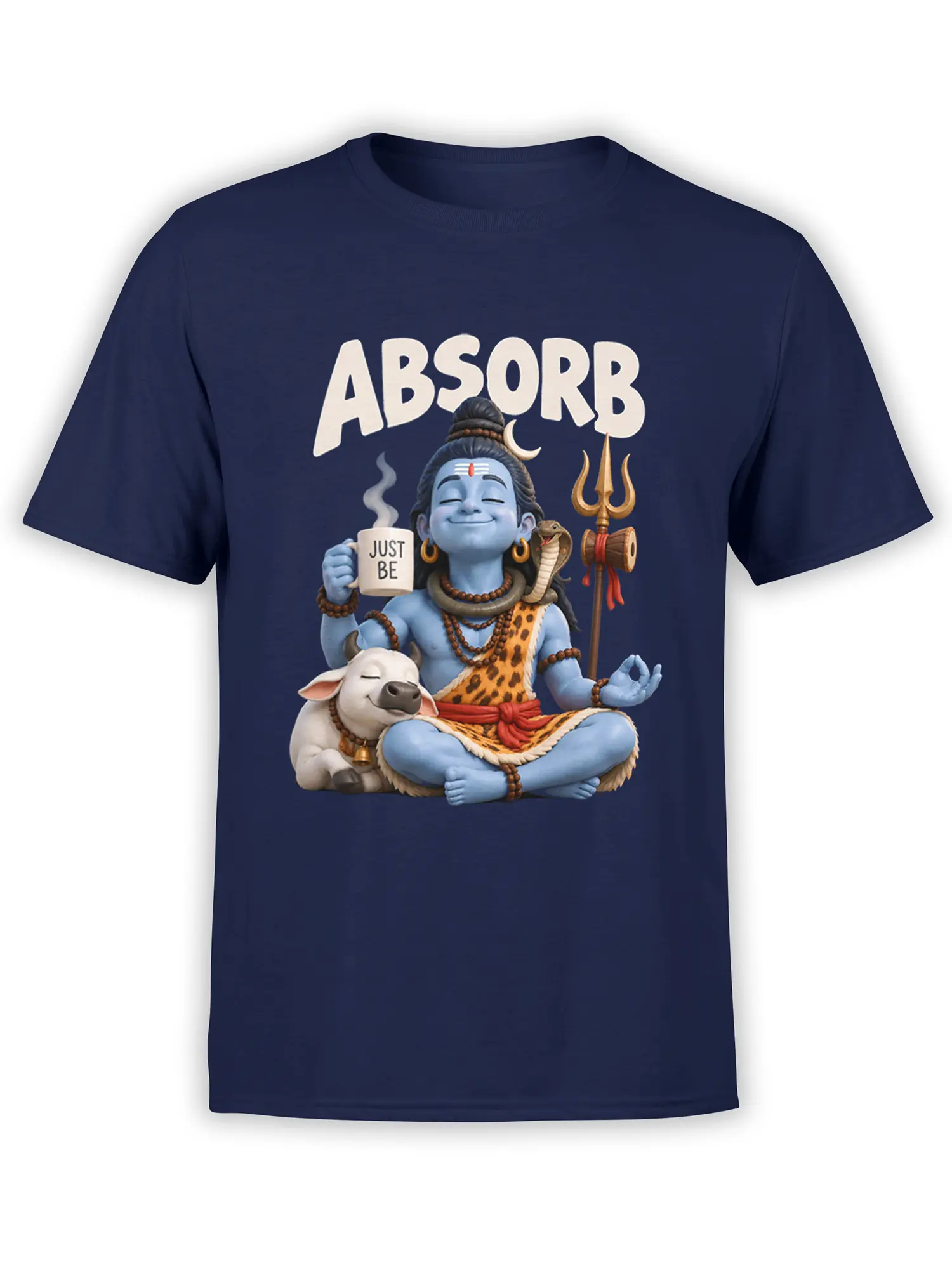 Front view of a navy Shiva meditation T-shirt with a peaceful blue deity, cow, trident, and “ABSORB” lettering