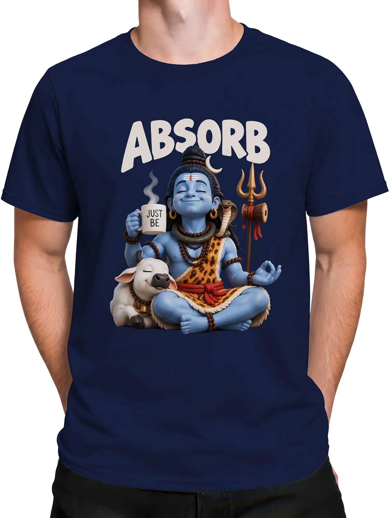 Male torso wearing a navy Shiva meditation T-shirt with a blue deity, cow, trident, and “JUST BE” mug