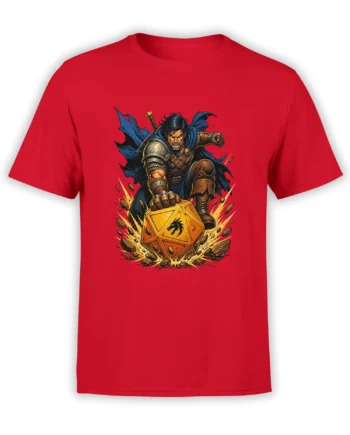 Red T-shirt with an armored warrior crashing onto a dragon-marked golden gaming die