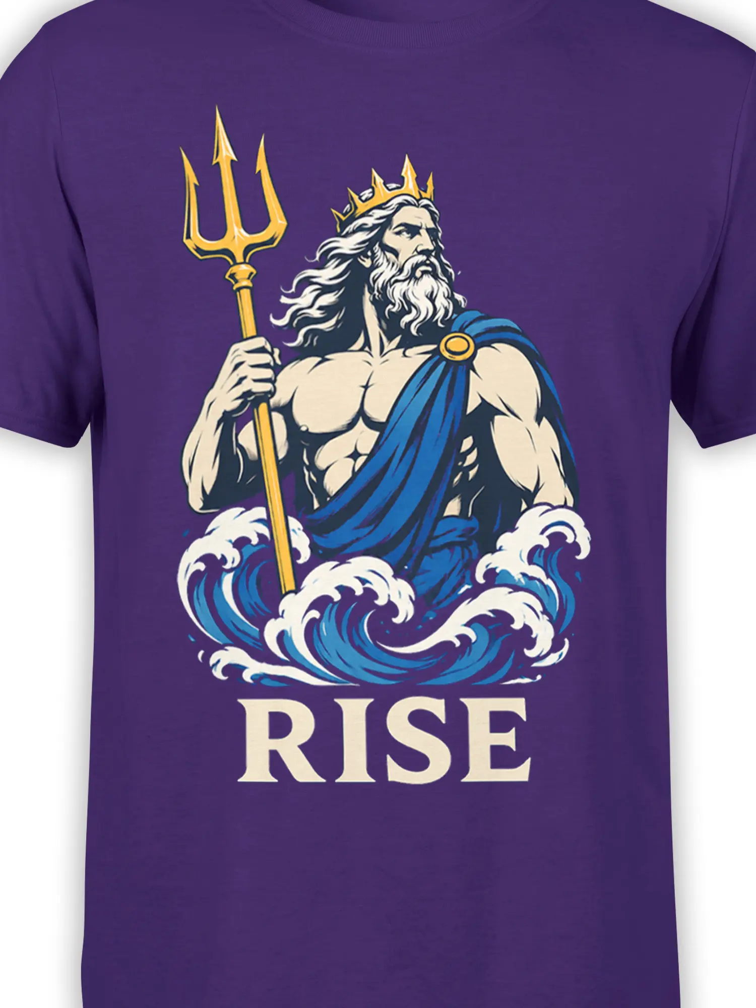 Close-up of Poseidon, golden trident, ocean waves, and RISE design on purple fabric