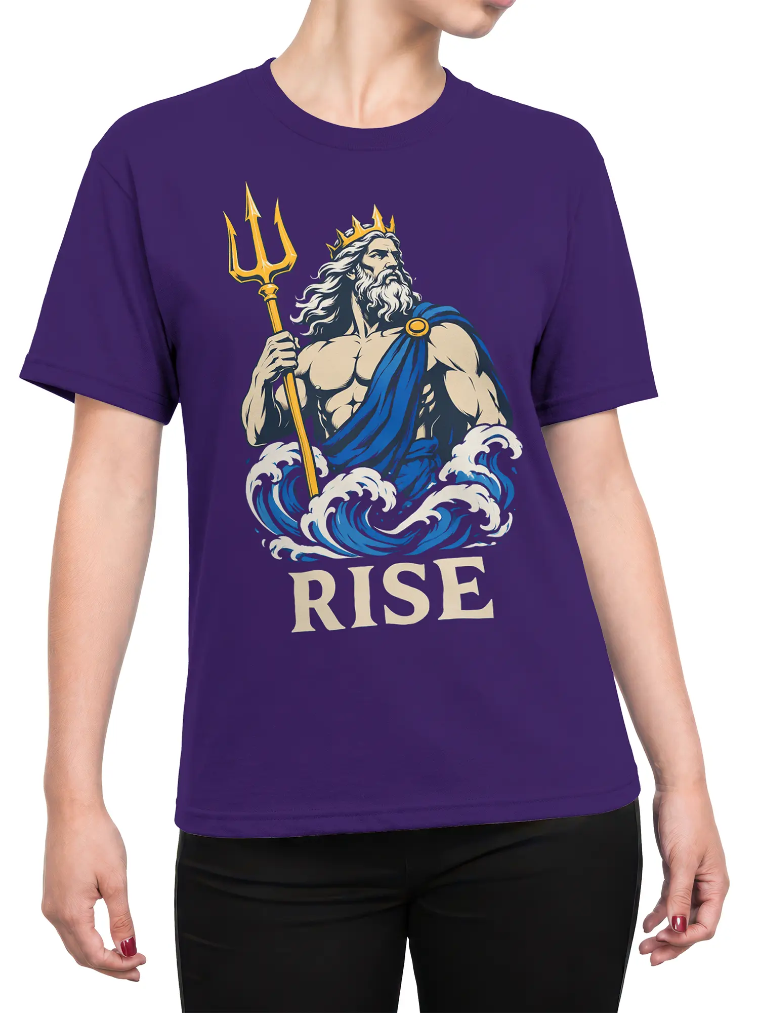 Female torso wearing a purple Poseidon T-shirt with trident, waves, and RISE graphic