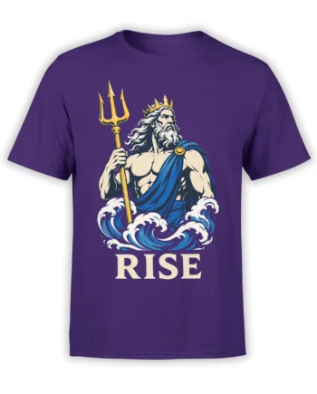 Poseidon graphic T-shirt in purple with golden trident, crashing waves, and bold RISE lettering