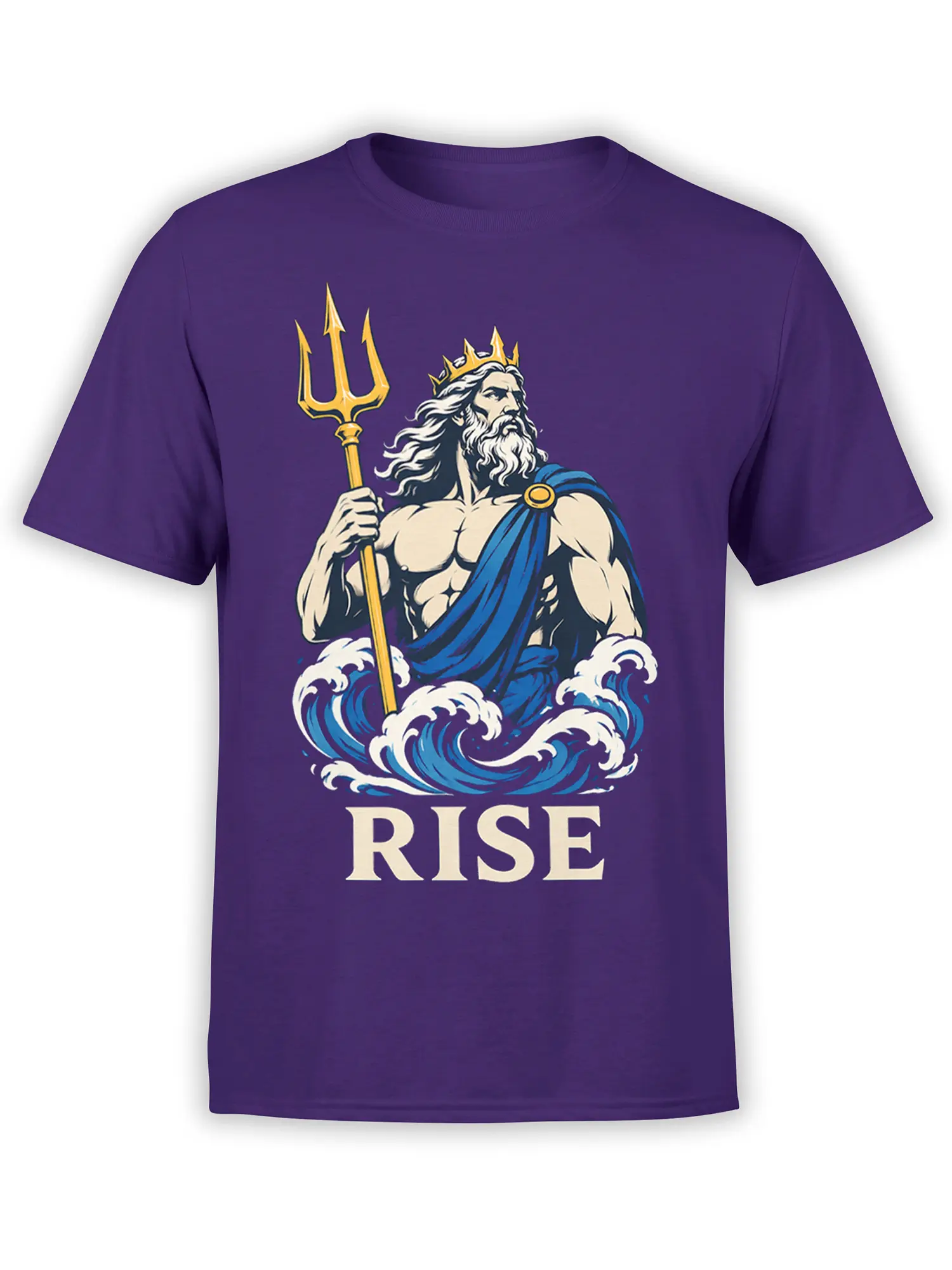 Poseidon graphic T-shirt in purple with golden trident, crashing waves, and bold RISE lettering